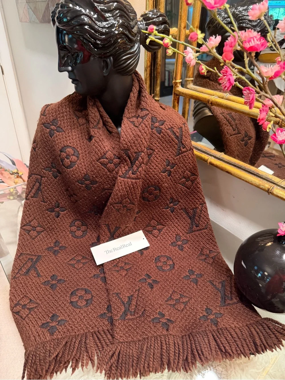 Louis Vuitton Brown Monogram unisex Wool-Blend Scarf w fringe